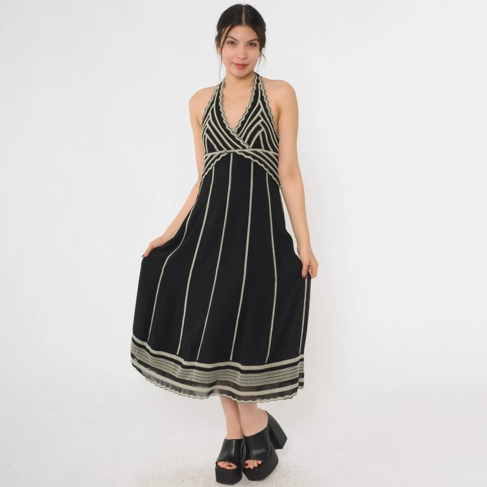 Eliza J New York Black & Cream Beaded Embroidered Halter Cocktail Dress Y2K